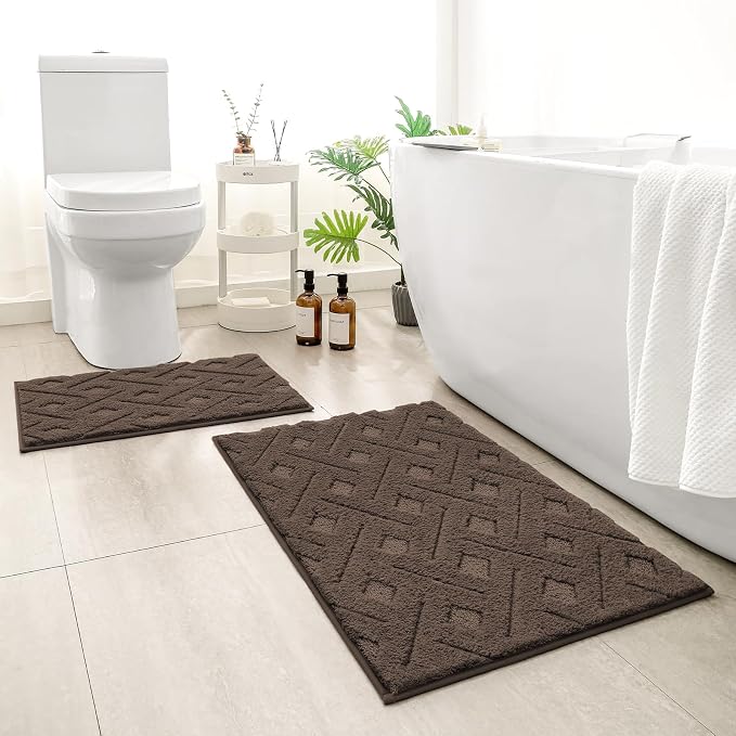HOMEIDEAS Brown Bathroom Rug Set 2 Piece, 20"x32"+16"x24" | Soft Microfiber Tufted Bath Mats, Super Absorbent, Non Slip, Machine Washable for Everyday Use