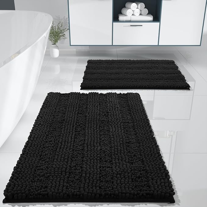 Yimobra Bathroom Rug Set 2 Piece, Absorbent Chenille, 32x20+24x17, Black | Non Slip Machine Washable Quick Dry Bath Mat Set, Soft Plush Shower Rugs for Bathroom Floor Sink Tub and Shower Outside