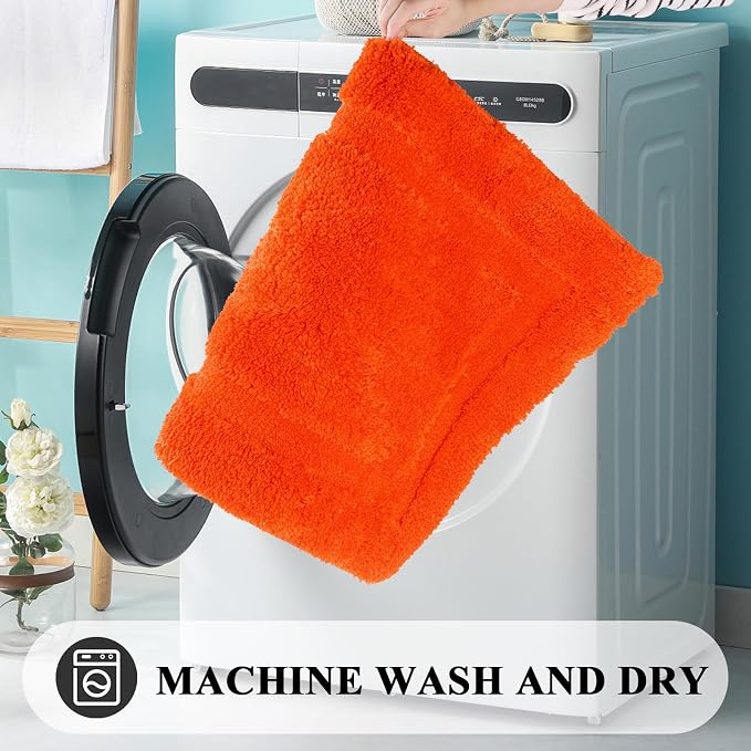 SHACOS Soft Microfiber Bathroom Rugs Set of 2 Pieces, Orange | 47x20 + 32x20, Absorbent Plush Bath Rugs, Non Slip Washable Shaggy Bath Mats, Fluffy Bathroom Runner Floor Mats Shower Rug