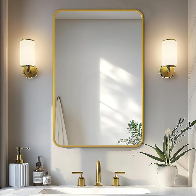 Delma Bathroom Vanity Mirror, Gold Framed Mirror for Over Sink, 30x20 | HD glass, distortion-free for makeup and grooming, Sturdy frame, all mounting hardware, hangs horizontal or vertical