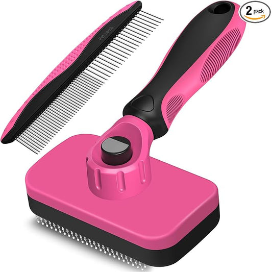 2PCS Self Cleaning Slicker Brush & Dog Comb - Skin Friendly Deshedding Grooming Tool for Dogs, Cats and Small Animals, Professional Deshedding Dematting Tool for Long and Short Haired Pets (Red)
