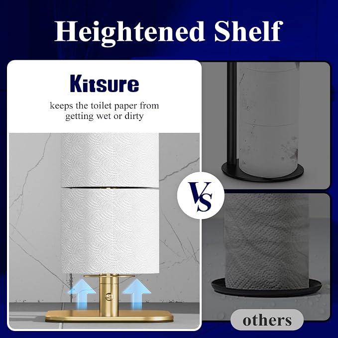 Kitsure Metal Toilet Paper Holder Free Standing, Medium, Chrome Gold | Rustproof Toilet Paper Stand for 4 Rolls, Bathroom Organizers and Storage with Anti-Slip Base and Plastic Shelf