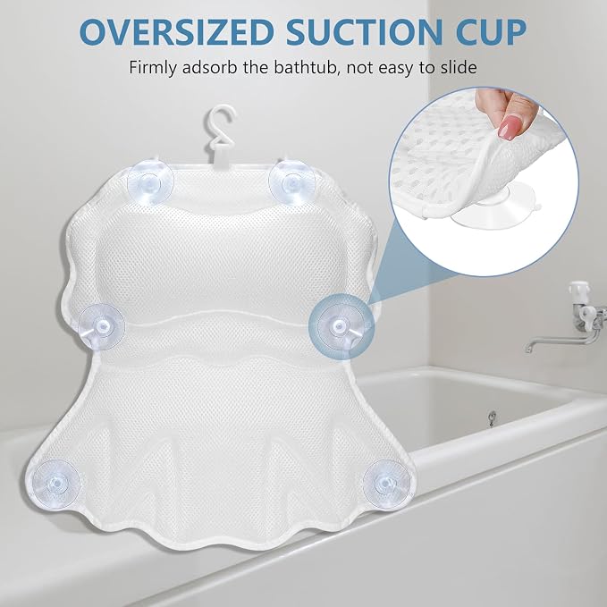 SetSail Bath Pillow, Bath Pillows for Tub Neck and Back Support, White | Soft 4D Breathable Air Mesh Ergonomic Bathtub Pillow with 6 Strong Suction Cups and Hook Luxury Bathroom Accessories