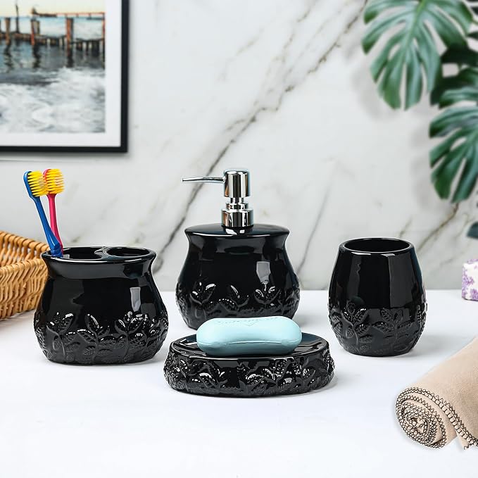Ceramic Embossed Leaves Bathroom Accessories Set, 4 Piece Bathroom Ensemble Set with Toothbrush Holder, Toothbrush Cup, Soap Dispenser, Soap Dish(Black)