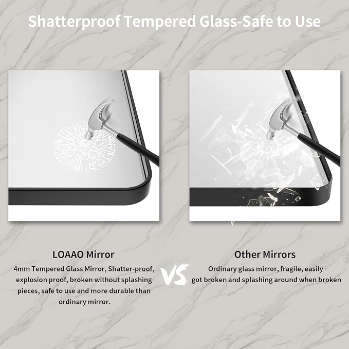 LOAAO 72X32 Inch Black Bathroom Mirror Metal Framed | Rounded Rectangle, Matte Black, Anti-Rust, Tempered Glass, Hangs Horizontally or Vertically