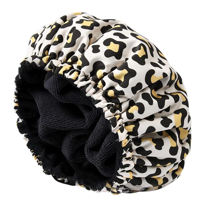 Shower Cap for Women Terry Lined Bath Cap Large Reusable Waterproof Elastic Band Leopard Shower Caps for Long Thick Hair Soft Bath Shower Hair Caps