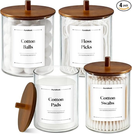 15oz & 10oz Glass Qtip Holder with Acacia Wood Lids, 4 Pack Apothecary Jars | Small Glass Dispenser Jars with Labels, for Cotton Swabs, Cotton Balls, Pads, Floss Picks, Toothpicks, Vanity Organization