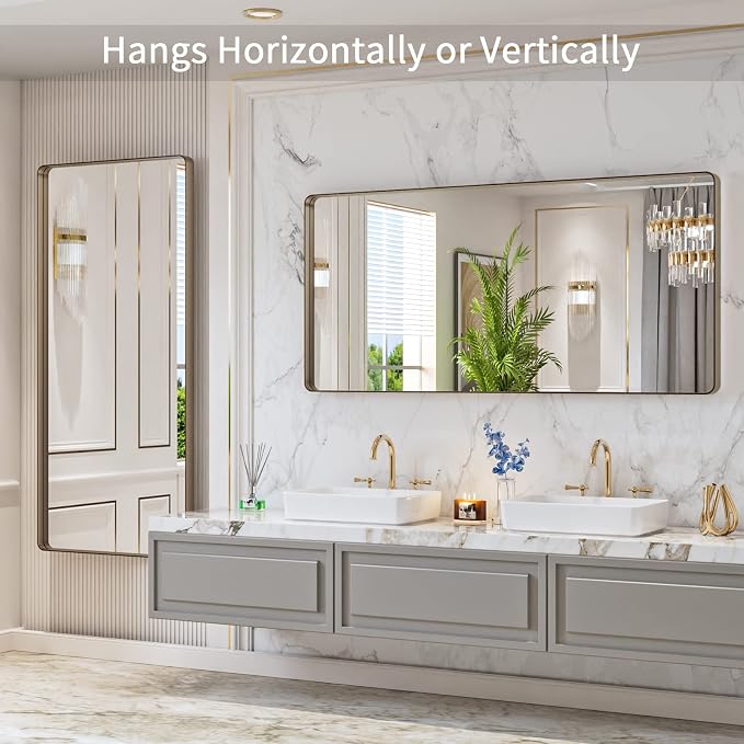 LOAAO 60"X28" Bronze Bathroom Mirror | Rounded Rectangle, Brushed Bronze Metal Frame, Anti-Rust, Tempered Glass, Hangs Horizontally or Vertically