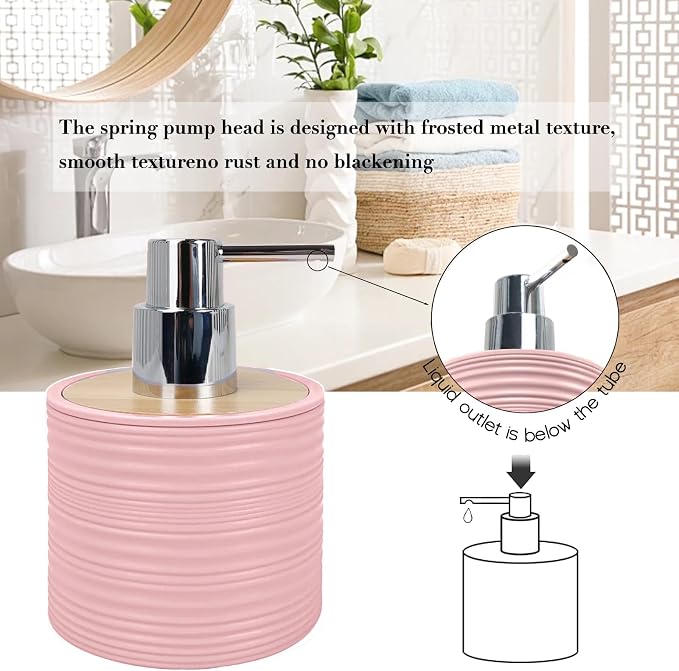CERBIOR Bamboo Bathroom Accessories Set 6 Piece Spiral Bath Ensemble（Pink） | Includes Soap Dispenser, Toothbrush Holder, Toothbrush Cup, Soap Dish for Decorative Countertop and Housewarming Gift, Pink