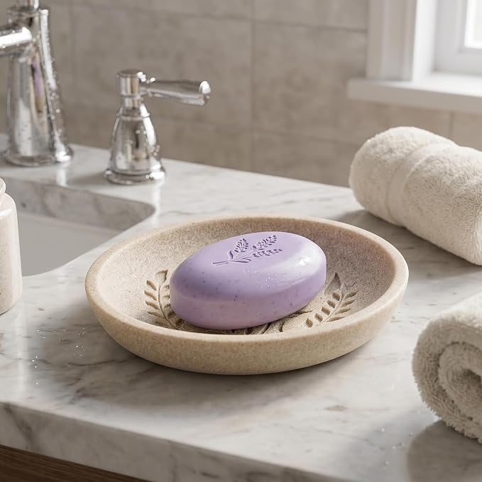 Bathroom Accessories Set, 4 PCS, Sandstone Look Leaf Beach Style | Modern,Minimalist,With Soap Dispenser 13.19 OZ, Toothbrush Holder, Tumbler, Soap Dish, Bathroom Countertop Organizer