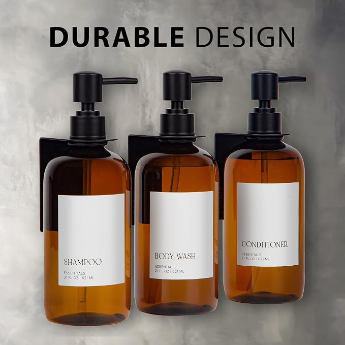 Stylish Shampoo & Conditioner Dispenser Set of 3 - Wall Mount, Drill Free | Modern 21oz Shower Soap Bottles with Labels - Easy Refill Body Wash Dispensers for an Instant Bathroom Decor Upgrade