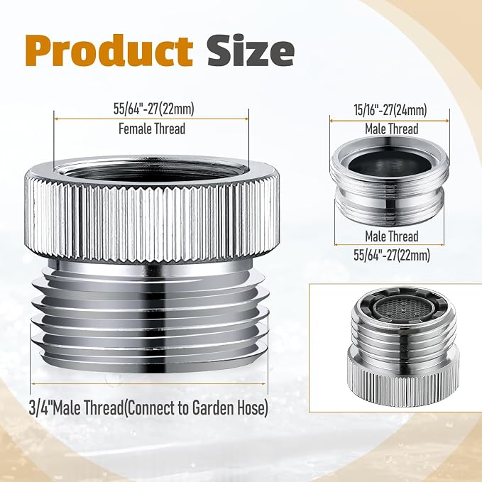 Faucet Adapter with Aerator Faucet to Hose Adapter, Faucet Adapter to Garden Hose Attachment for Sink Faucet to Garden Hose Adapter 3/4" GHT Thread Chrome