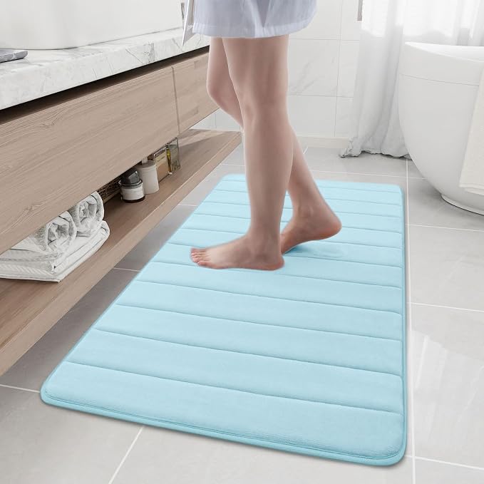 Buganda Memory Foam Bath Mat 47 x 24, Ultra Soft Absorbent Bathroom Rugs | Light Blue, Machine Washable Quick Dry Bath Mats for Bathroom Floor, Shower and Tub, Home Decor Accessories