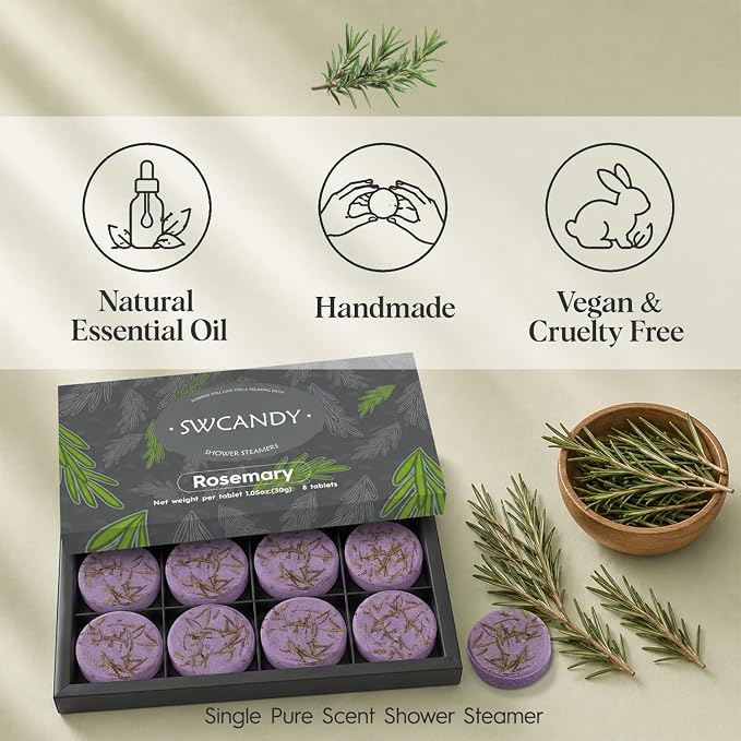 SWCANDY Rosemary Shower Steamers 8 Pack, Home Spa Self Care | Herbal green aromatherapy with natural essential oils, shower gift for women, men, wife & husband.