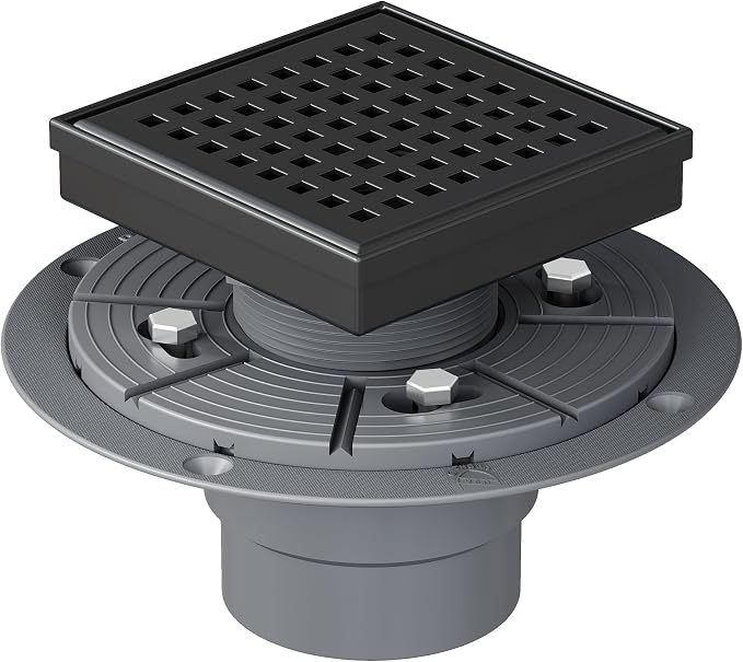 Neodrain 4 Inch Black Square Drain, 304 Stainless Steel Shower Drain Kits with PVC Base, Removable Cover Hair Catcher Strainer for Bathroom Floor Drain, Matte Black