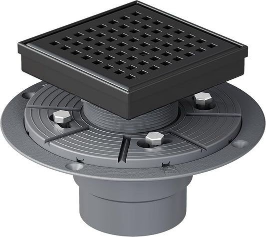 Neodrain 4 Inch Black Square Drain, 304 Stainless Steel Shower Drain Kits with PVC Base, Removable Cover Hair Catcher Strainer for Bathroom Floor Drain, Matte Black