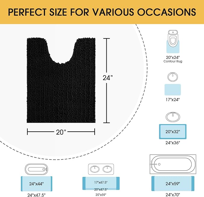 ACCUMTEK Upgrade Luxury Black Toilet Bathroom Rug Mat 24" x 20" Contour Rug, Ultra Soft Thick Absorbent Bath Mats, Non Slip Chenille Toilet Mat for Bathroom, Bedroom, Kitchen, Shower, Tub