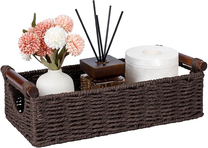 CubesLand Wicker Toilet Storage Basket Tray Organizer W/Cut Out Handle, Slim Decorative Basket for Countertop, Shelves And for Versatile Home Decor, Living Room, Nursery Organization, Brown