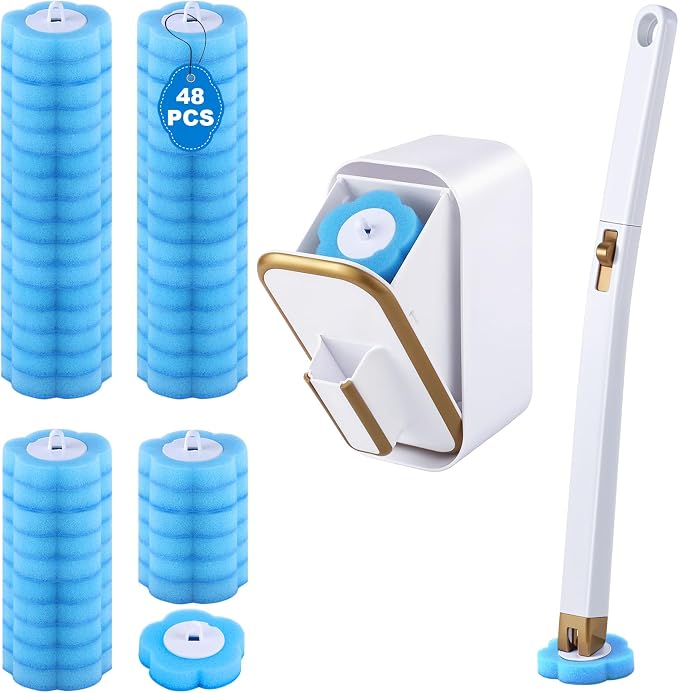wlich Disposable Toilet Brush Set With 48 Refills, Wall-Mount Holder | Flexible Scrubbing Head, Hygienic Toilet Cleaning, Wall-Mounted Storage for Homes, Apartments, Dorms, Offices, Hotels