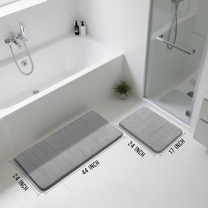 Yimobra Large Bath Mat Set 2 Piece- Super Soft Absorbent Quick Dry Memory Foam Bathroom Rugs, Machine Washable Non Slip Floor Carpet for Tub Shower & Double Vanity (17x24 & 44x24, Gray)
