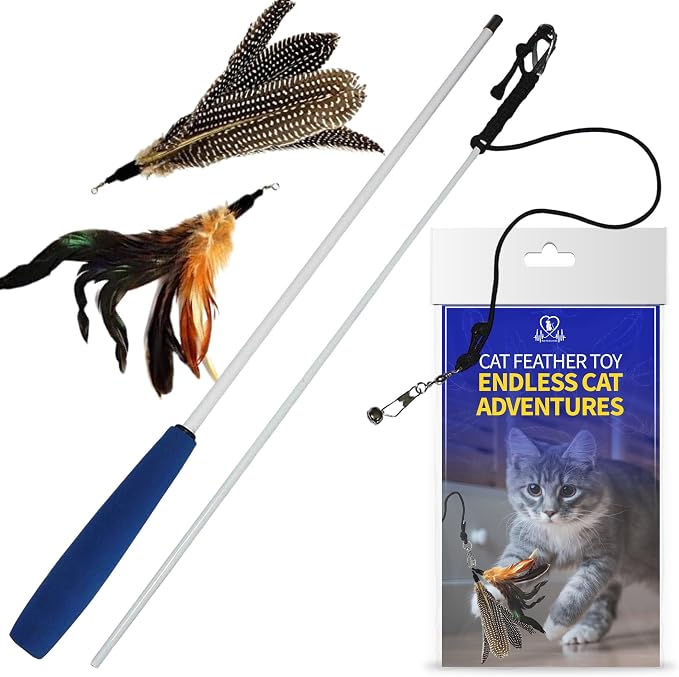 Pet Fit For Life Cat Feather Wand Toys – Interactive Cat Wand Toy for Indoor Pets | 2 Feather Attachments | Promotes Animal Health & Fitness, Made w/ Soft & Durable Materials | Gift (Brown)
