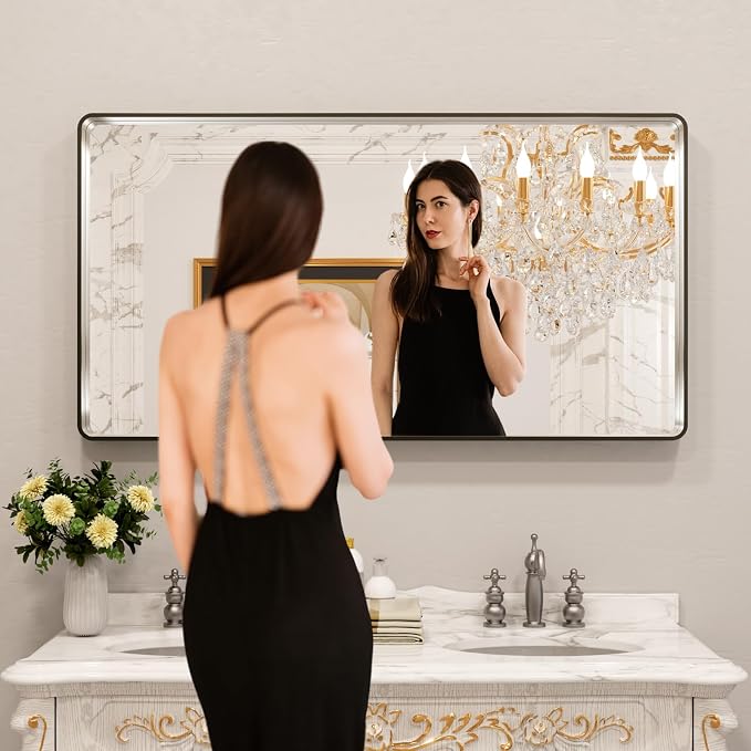 LOAAO 55X30 Inch Brushed Nickel Bathroom Mirror, Rounded Rectangle Silver Metal Frame Mirror, Brushed Nickel, Anti-Rust, Shatter Proof, Hangs Horizontally or Vertically | Rounded Rectangle, Silver Metal Frame, Anti-Rust, Tempered Glass, Hangs Horizonta...
