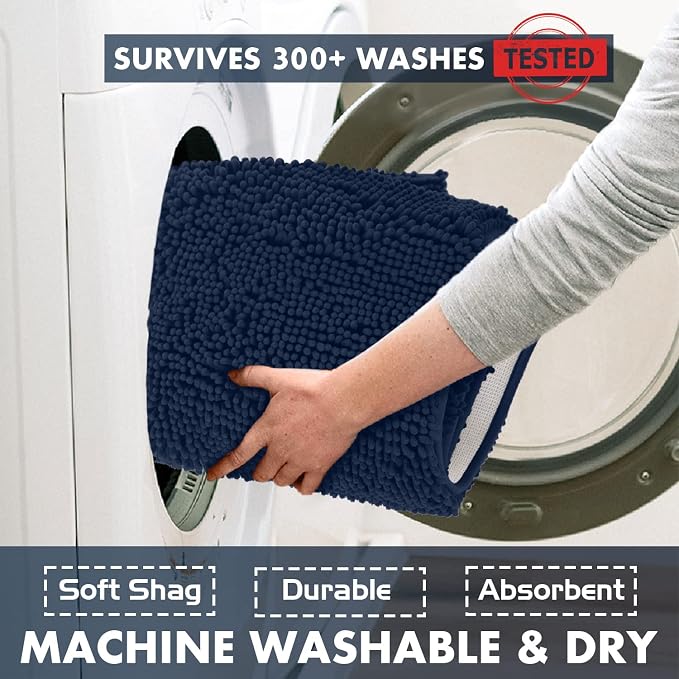 LuxUrux Toilet Lid Cover with Stretch Fit Elastic Band – Chenille Microfiber Toilet Seat Non-Slip Cover for Bathroom – Soft Plush, Machine Wash And Dry, Comfort & Clean Look (18 x 21'', Navy)
