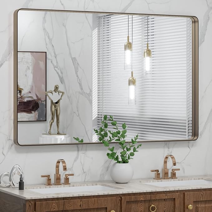 LOAAO 48"X30" Bronze Bathroom Mirror | Rounded Rectangle, Brushed Bronze Metal Frame, Anti-Rust, Tempered Glass, Hangs Horizontally or Vertically