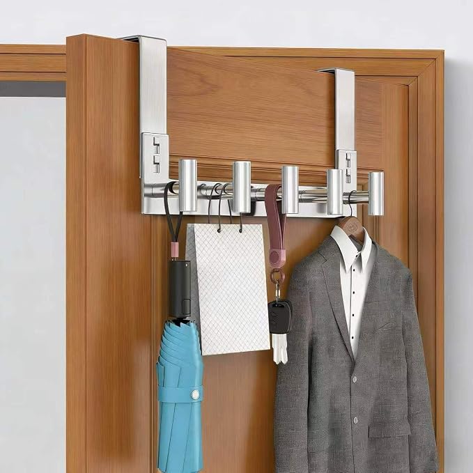 PMMASTO Over The Door Hooks, Door Hanger Hook for Hanging, Coat Rack Organizer for Bathroom, Towel Holder Bathroom Accessories (Silver 5 T-Hooks-Fits 1-3/4" Thick Door)