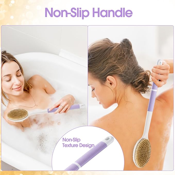 Back Scrubber Anti Slip for Shower, Long Handle Bath Brush with Stiff and Soft Bristles for Exfoliation, Dual-Use Shower and Dry Body Brush(Purple)