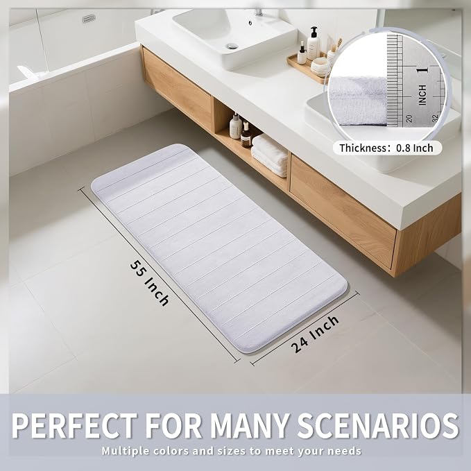 Yimobra Bathroom Runner 55"x24", Non Slip Memory Foam Bath Mat, Super Soft Water Absorbent Hallway Carpet, Machine Washable Rug for Vanity Tub Shower, White