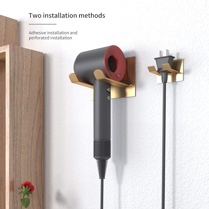 XIGOO Self Adhesive Hair Dryer Holder Wall Mounted | Stick on Wall Bathroom Hair Blow Dryer Rack, Organizer Compatible with Supersonic Hair Dryers, Gold