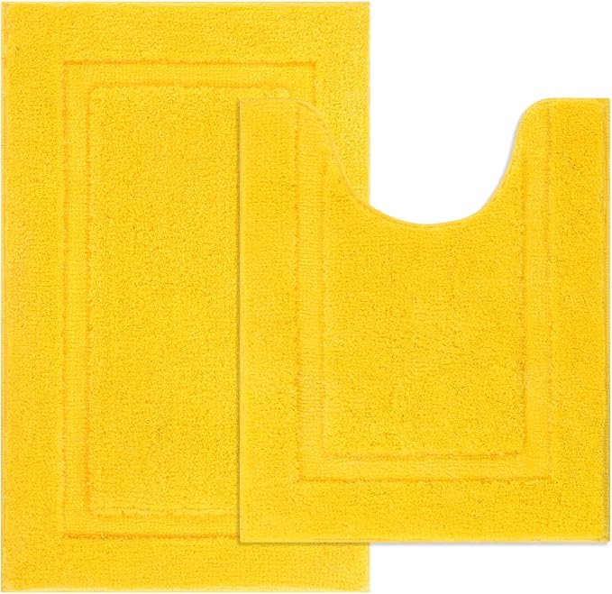 SHACOS Soft Microfiber Bathroom Rugs Set 2 Pieces with Toilet Rug | Absorbent Plush Bath Mat U Shaped Contour Bath Rug, Non Slip Washable Fluffy Bathroom Floor Mats, 32x20+24x20, Yellow
