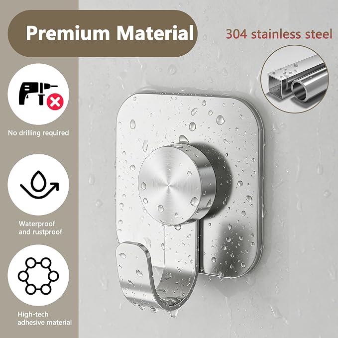 Aikzik 4 Pack Large Heavy Duty Wall Hooks - 26lb Max, Stainless Steel Adhesive Towel Hooks for Hanging Towel, Coat, Robe, Sticky Towel Holder for Wall Mount in Bathroom, Kitchen, Shower, Door - Silver