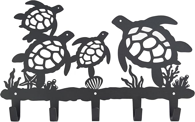 Metal Sea Turtle Coat Hooks Wall Mount-Sea Turtle Hangers and Key Holder-Clothes Hat Rack and Backpack Hanger Decor for Storage, Living Room, Hallway, Office Gift (Black)
