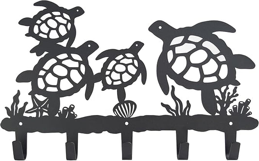 Metal Sea Turtle Coat Hooks Wall Mount-Sea Turtle Hangers and Key Holder-Clothes Hat Rack and Backpack Hanger Decor for Storage, Living Room, Hallway, Office Gift (Black)