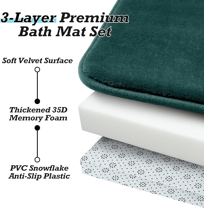 Bathroom Rugs Sets 3 Piece, Non-Slip & Quick Dry Bath Mat Set, Ultra Soft Velvet Bath Rugs for Bathroom, Toilet and Shower Floor, Peacock Blue