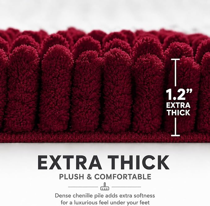 Bathroom Rugs Sets 2 Piece,Super Absorbent Soft,Thick,Machine Washable Chenille Bath Mat,Non Slip Toilet Floor Rug,Bath Mats for Bathroom,20x32 Plus 20x20 U Shape,Burgundy