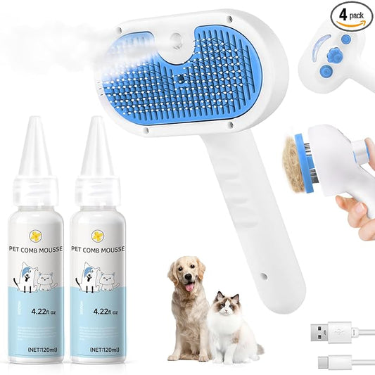 Pet Steam Brush for Dogs & Cats, 3-in-1 Shedding Grooming Tool | Self Cleaning Spray Comb with Mist, Dog Brush for Shedding, Cat Brush for Hair Removal, Long Haired Pets, 2 Waterless Shampoo