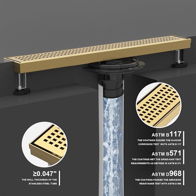 Linear Shower Drain | 28 Inch AISI 304 Stainless Steel Shower Drain, Brushed Gold Linear Drain with Removable Quadrato Grate Cover & Adjustable Feet, Rectangle Floor Drain, in Bathroom Balcony etc
