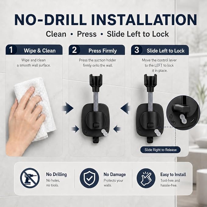 Black Shower Head Holder, Suction Cup Handheld Shower Holder, No Drill Adjustable Shower Wand Bracket with Lever Lock Removable Holder for Smooth Tile Glass Marble Metal Fits Most 1/2" Hoses