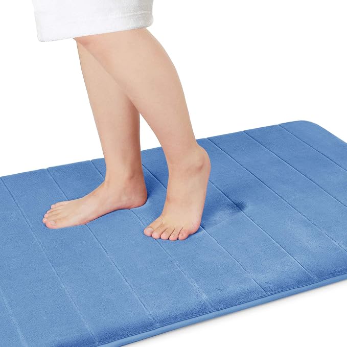 Yimobra Long Bath Mat 44"x24", Super Soft Quick Dry Memory Foam Bathroom Rug, Water Absorbent, Non Slip Backing Machine Washable for Tub Shower, Thick Comfort Support, Blue