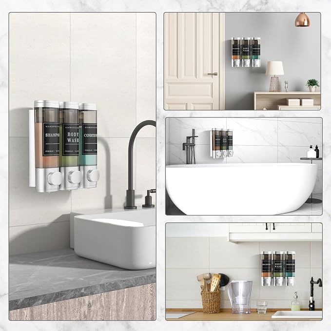 Shower Soap Dispenser Wall Mounted No Drill Shampoo Dispenser for Shower Wall Shampoo and Conditioner Dispenser Bathroom Hotel 3 * 300ml with Waterproof Labels Sliver