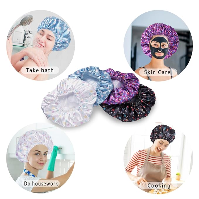 Shower Caps for Women, 4 PCS Reusable Waterproof Bath Cap | Double Layer, Washable, Wide Elastic Band, Holds Long Hair, Caps for Bath Accessories, Spa, Travel Home - Polka Dots