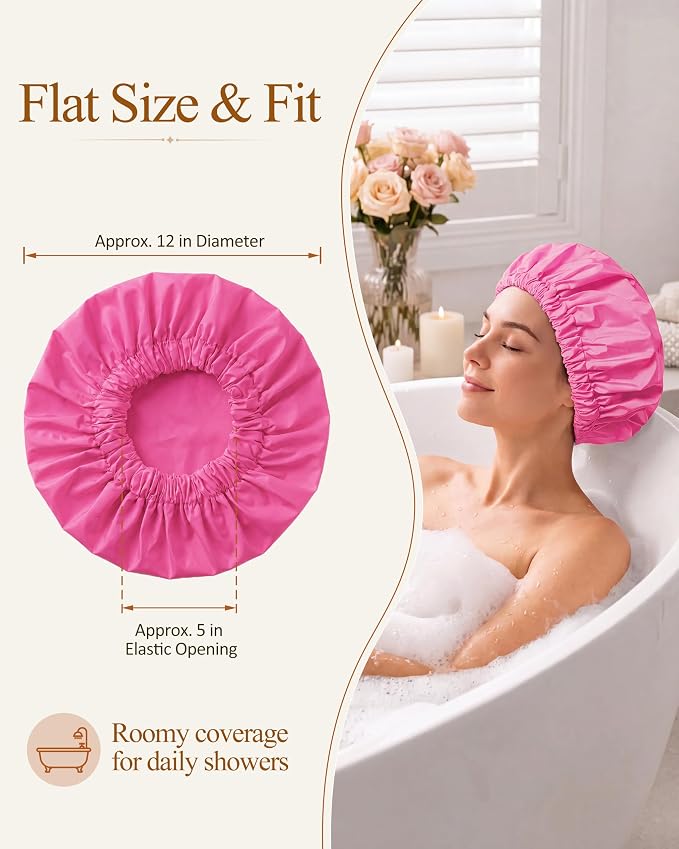 Edoneery Shower Caps for Women Reusable Waterproof, Shower Hair Cap | Washable Bonnet, Wide Elastic Band, Large Fit, Holds Long Hair, Braids Friendly, Bath Accessories, Spa, Travel