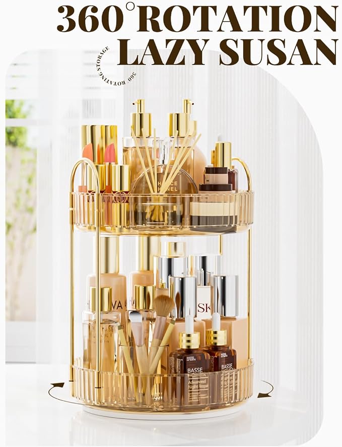 Bathroom Organizer Countertop, Rotating Makeup Organizer for Vanity, 2-Tier Make Up Organizers and Storage, Vanity Tray Shelf for Cosmetic, Skin Care, Lotions (Champagne Gold)