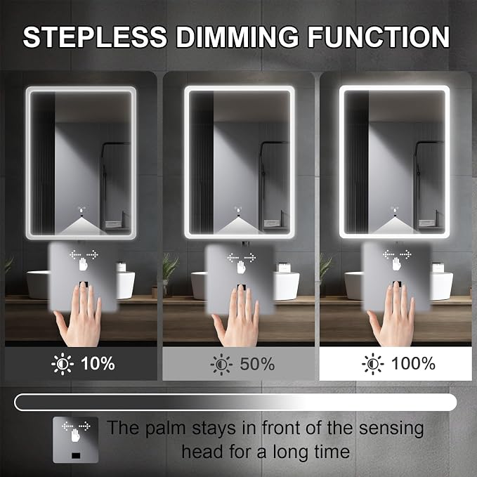 LED Bathroom Mirror, 20x28 in Vanity Mirrors with Backlit Lights for Shaving, Fogless Makeup Mirror Wall Mounted with Demister, Dimmable 3 Color Lighting, IP54, Hand Swipe, Vertically Only