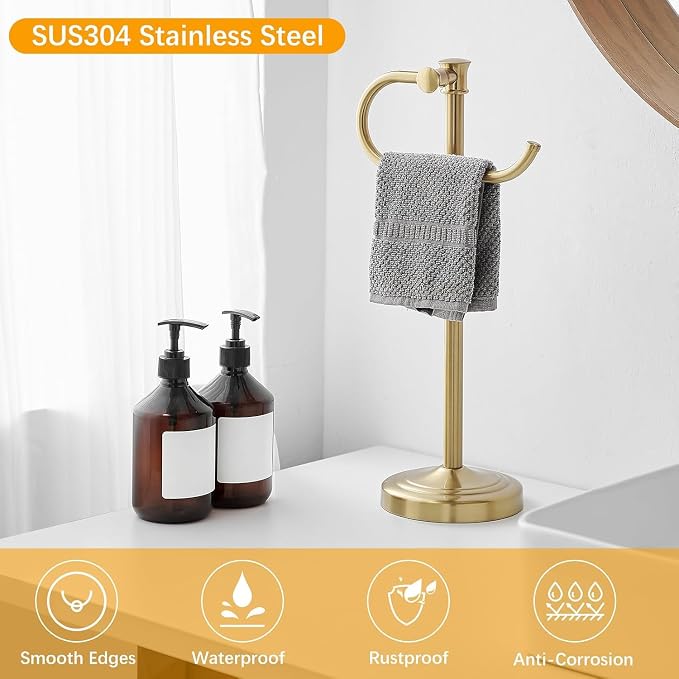 BESy 17 Inch Brushed Gold Stand Towel Bar Hanger Hand Towel Bar Bathroom Vanity Countertop Towel Holder Free Standing Stainless Steel Towel Ring Hardware Accessories Towel Rack