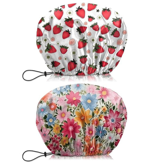 2 PCS Shower Cap Waterproof Double Layer Elastic Adjustable Reusable Hair Bath Caps for Girls Women Cute Aesthetic-Red Pink