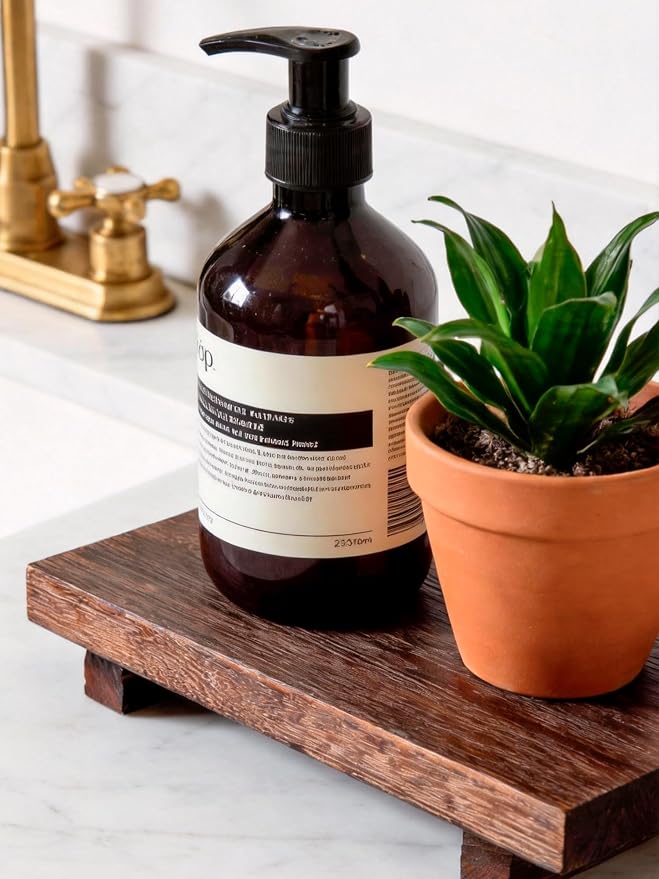 Small Wood Tray Pedestal Stand for Bathroom, 9 x 6'' Wooden Soap Tray | Lightweight Rustic Wooden Riser for Kitchen Counter, Vanity, Table, Coffee Bar, Brown, Farmhouse Decorative Decor